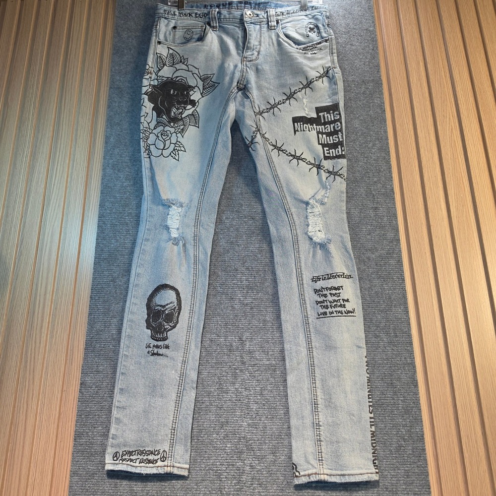 Rogue Skinny Jeans Women 30W Light Blue Good Graphic Print Distressed Edgy Punk